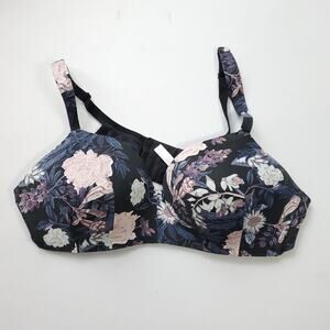 Cacique Lightly Lined T-Shirt Bra No Wire Black Floral Plus Lane Bryant 46C
